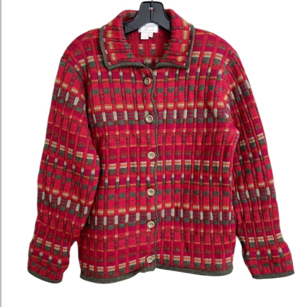 Cherry Lewis Vintage 100% Wool Cardigan Sweater Made in England Red Olive Medium